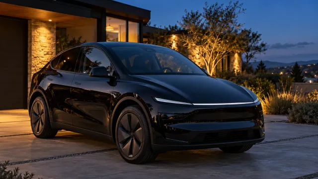 A black Tesla Model Y parked in a driveway at dusk (AI-generated image)