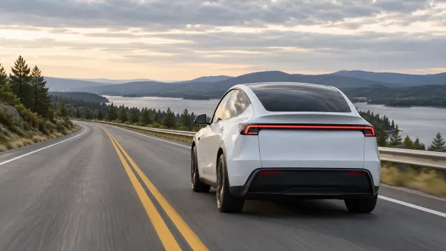 A white Tesla Model Y seen from behind on an open highway under a cloudy sky (AI-generated image)