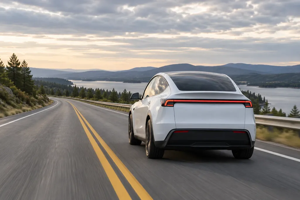 A white Tesla Model Y seen from behind on an open highway under a cloudy sky (AI-generated image)