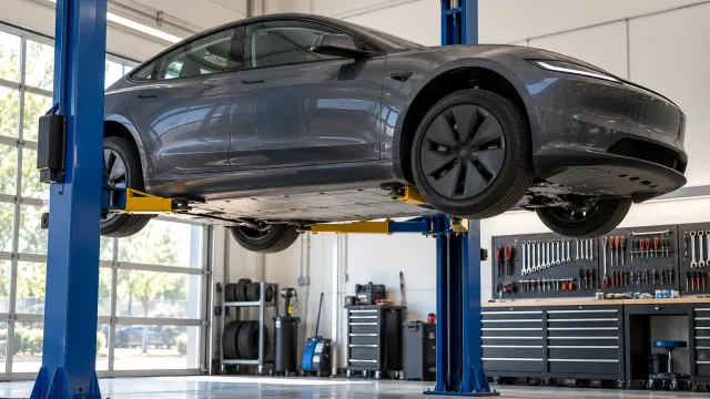 A grey Tesla Model 3 raised on a lift in a workshop for an underbody inspection (AI-generated image)