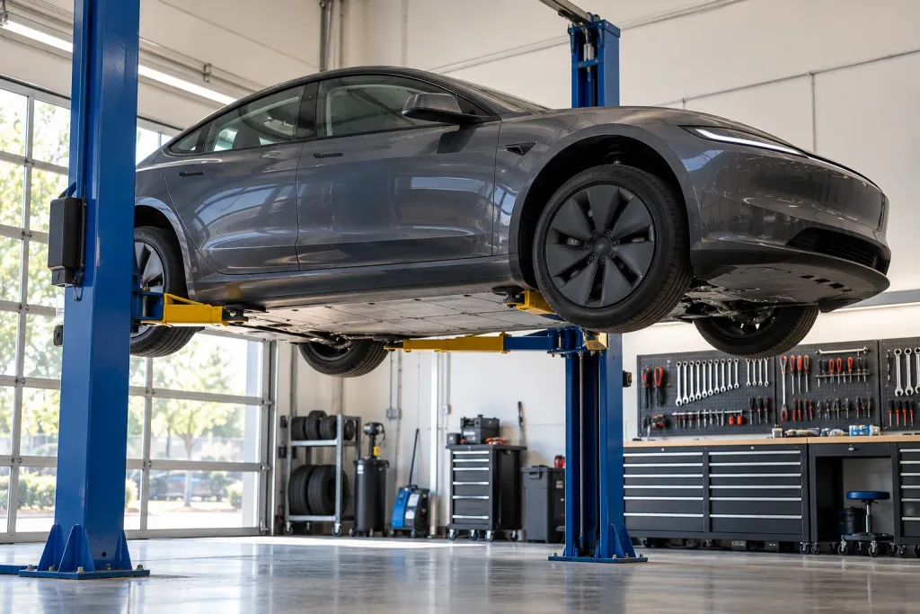 A grey Tesla Model 3 raised on a lift in a workshop for an underbody inspection (AI-generated image)