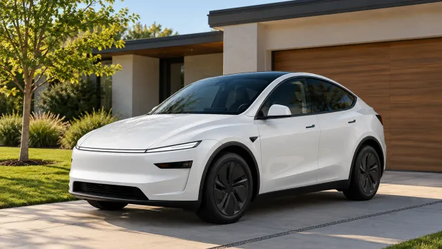 A white Tesla Model Y parked on the driveway of a modern suburban house on a sunny morning, seen from the front three-quarter (AI-generated image)