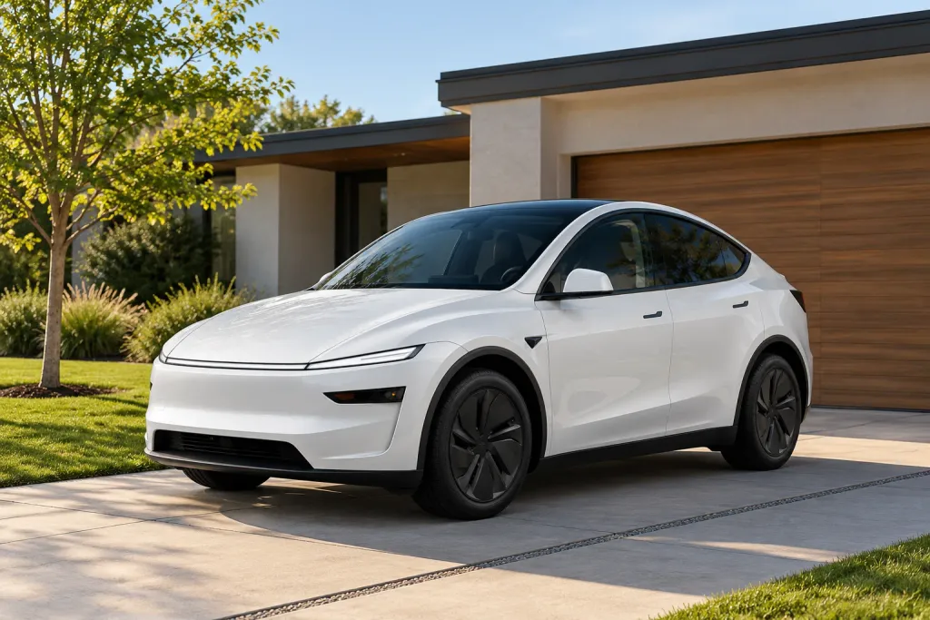 A white Tesla Model Y parked on the driveway of a modern suburban house on a sunny morning, seen from the front three-quarter (AI-generated image)