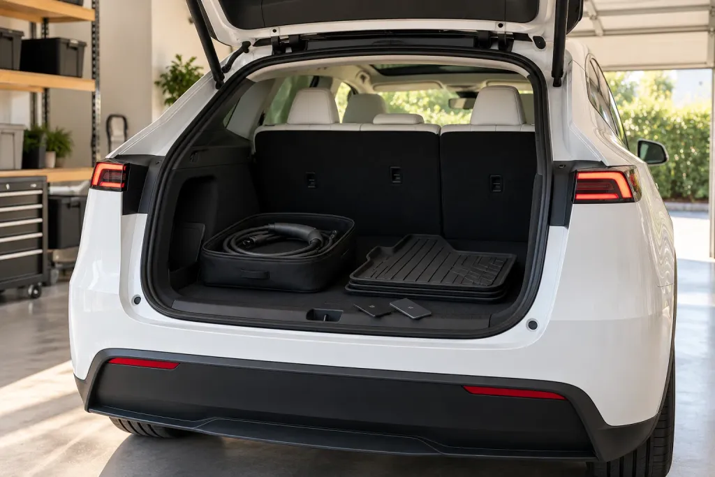 The open trunk of a white Tesla Model Y with a coiled charging cable, a floor mat and two key cards (AI-generated image)