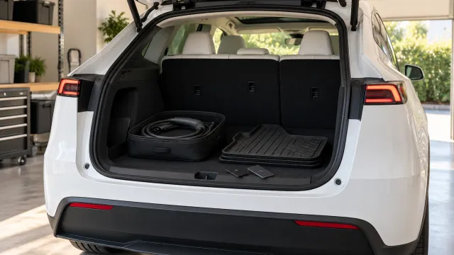 The open trunk of a white Tesla Model Y with a coiled charging cable, a floor mat and two key cards (AI-generated image)
