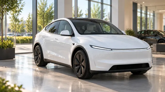 A white Tesla Model Y parked in a bright delivery area, ready for handover (AI-generated image)