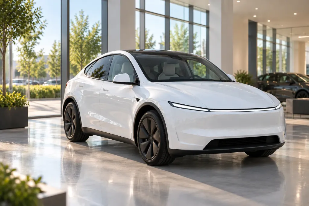 A white Tesla Model Y parked in a bright delivery area, ready for handover (AI-generated image)